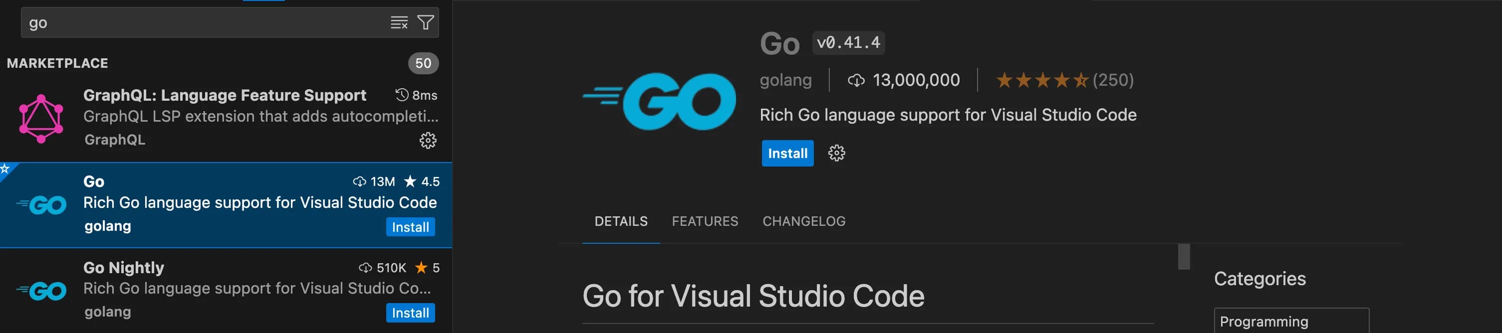 Go extension vs code