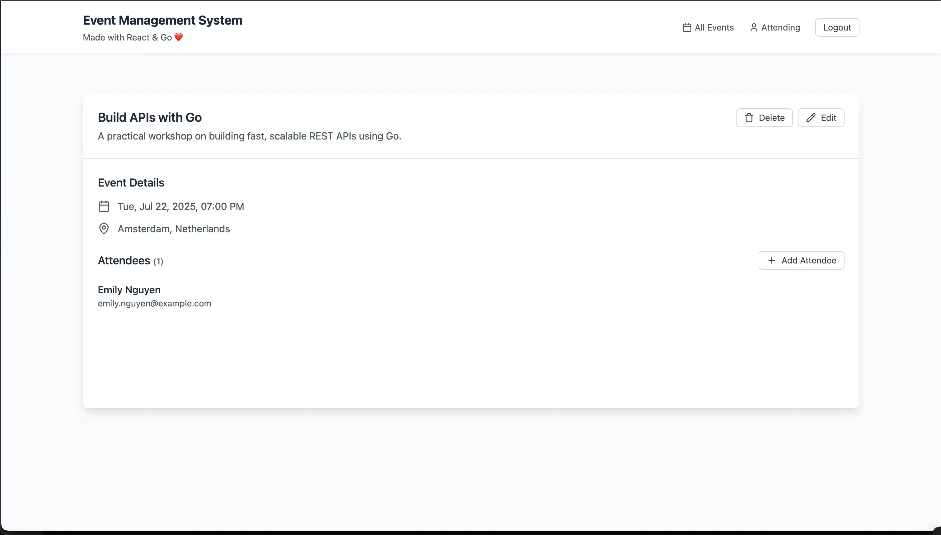React Event App details page