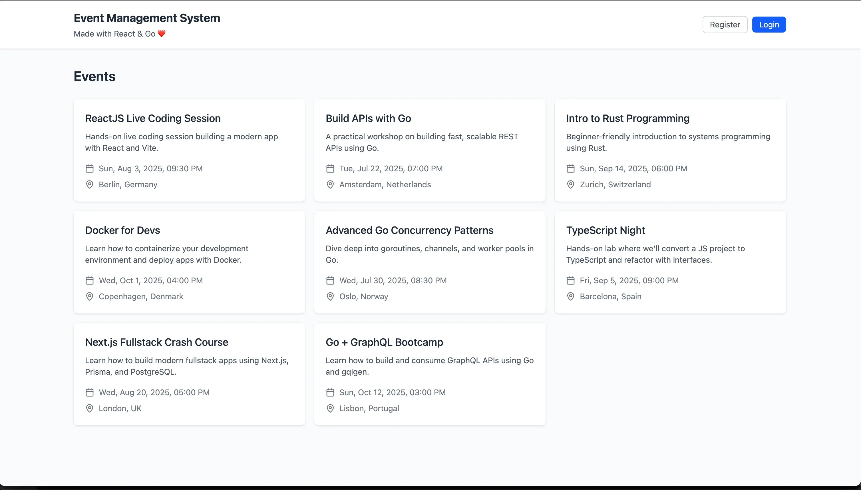 React Event App landing page