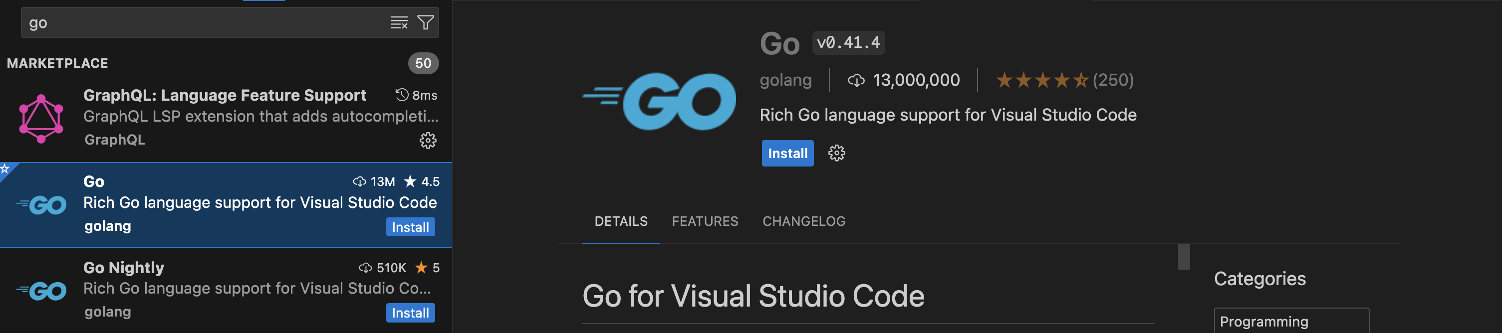 Go extension vs code
