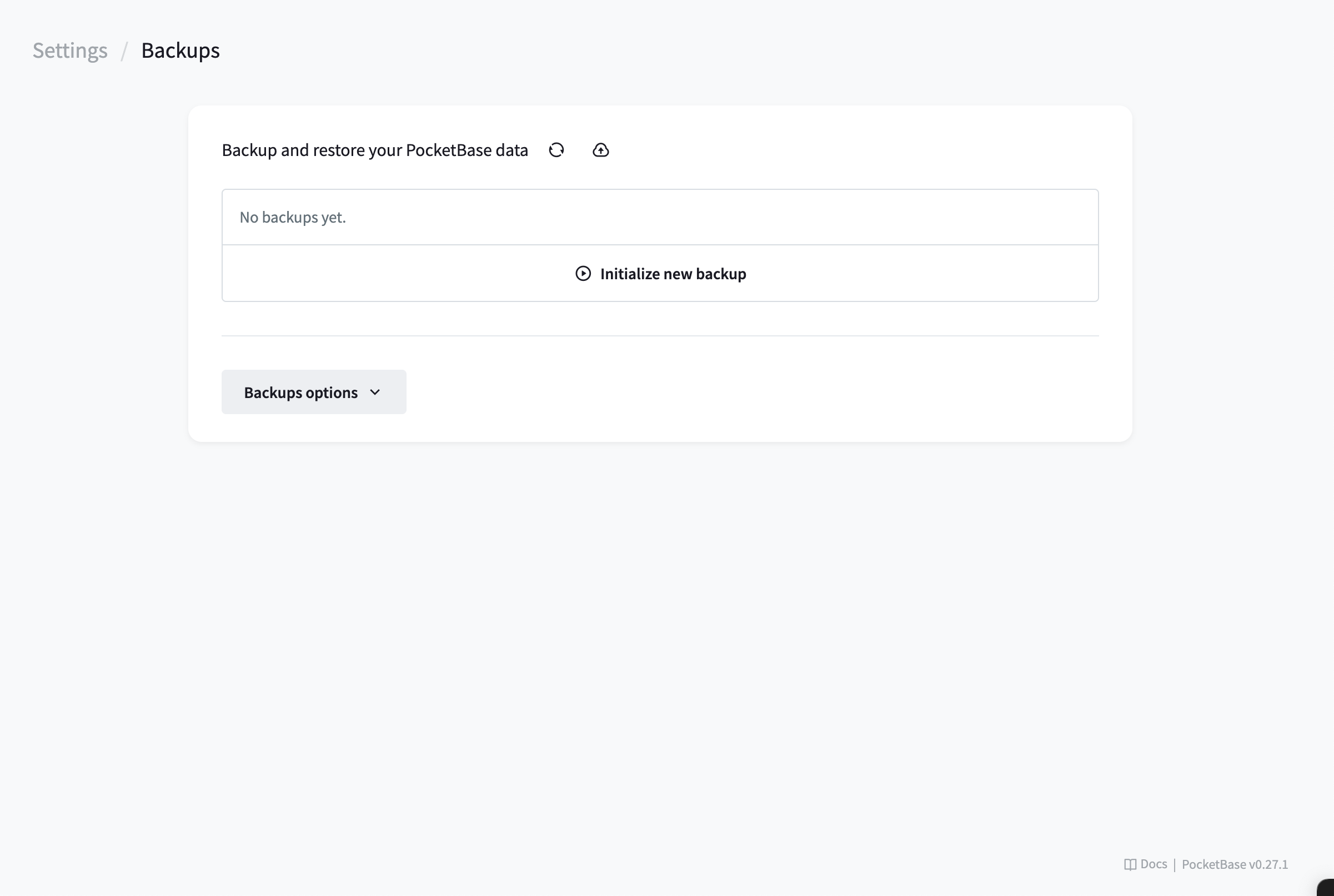 PocketBase Backups settings page