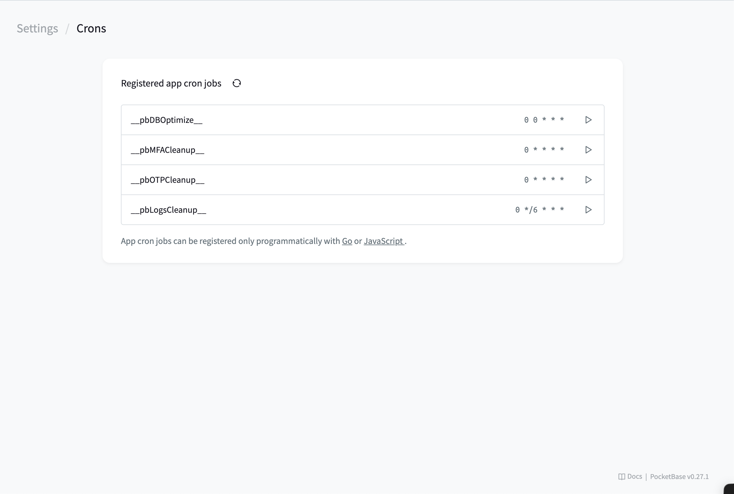 PocketBase Cron Jobs settings page