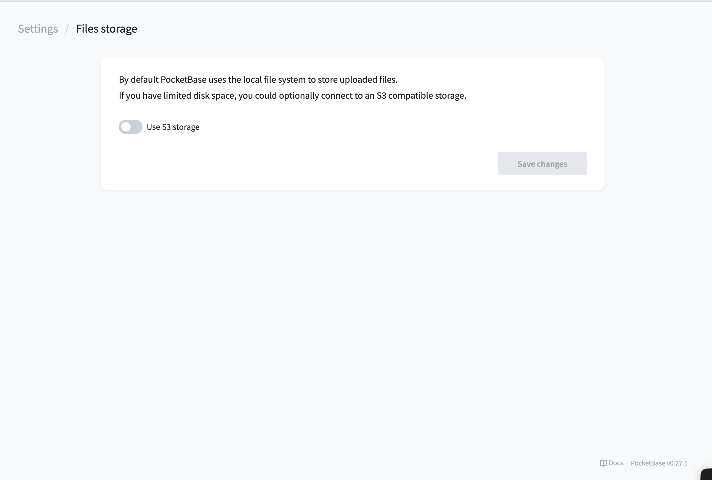 PocketBase File Storage Settings