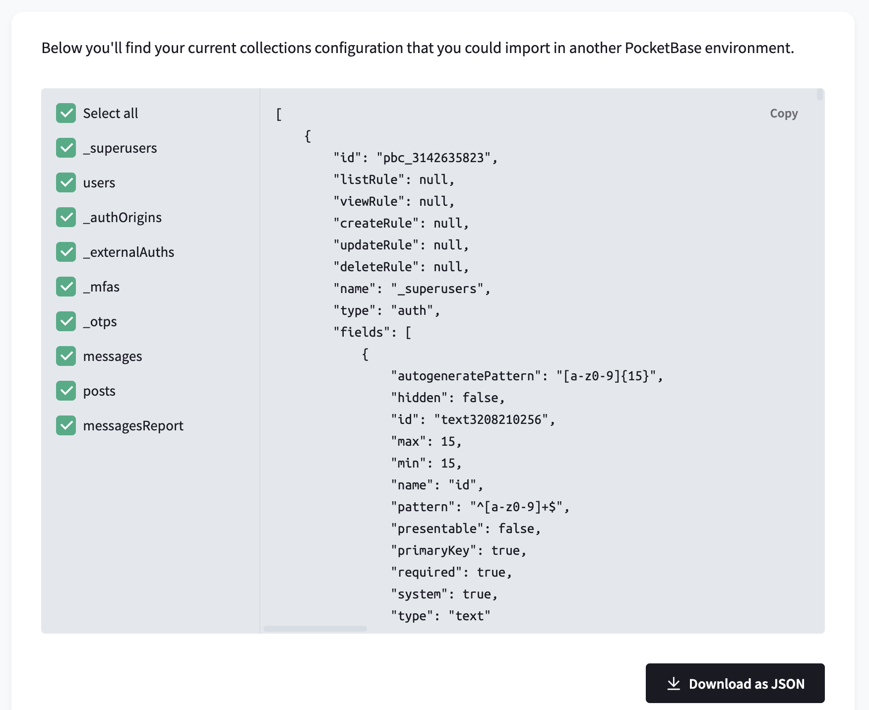 PocketBase Import/Export collections